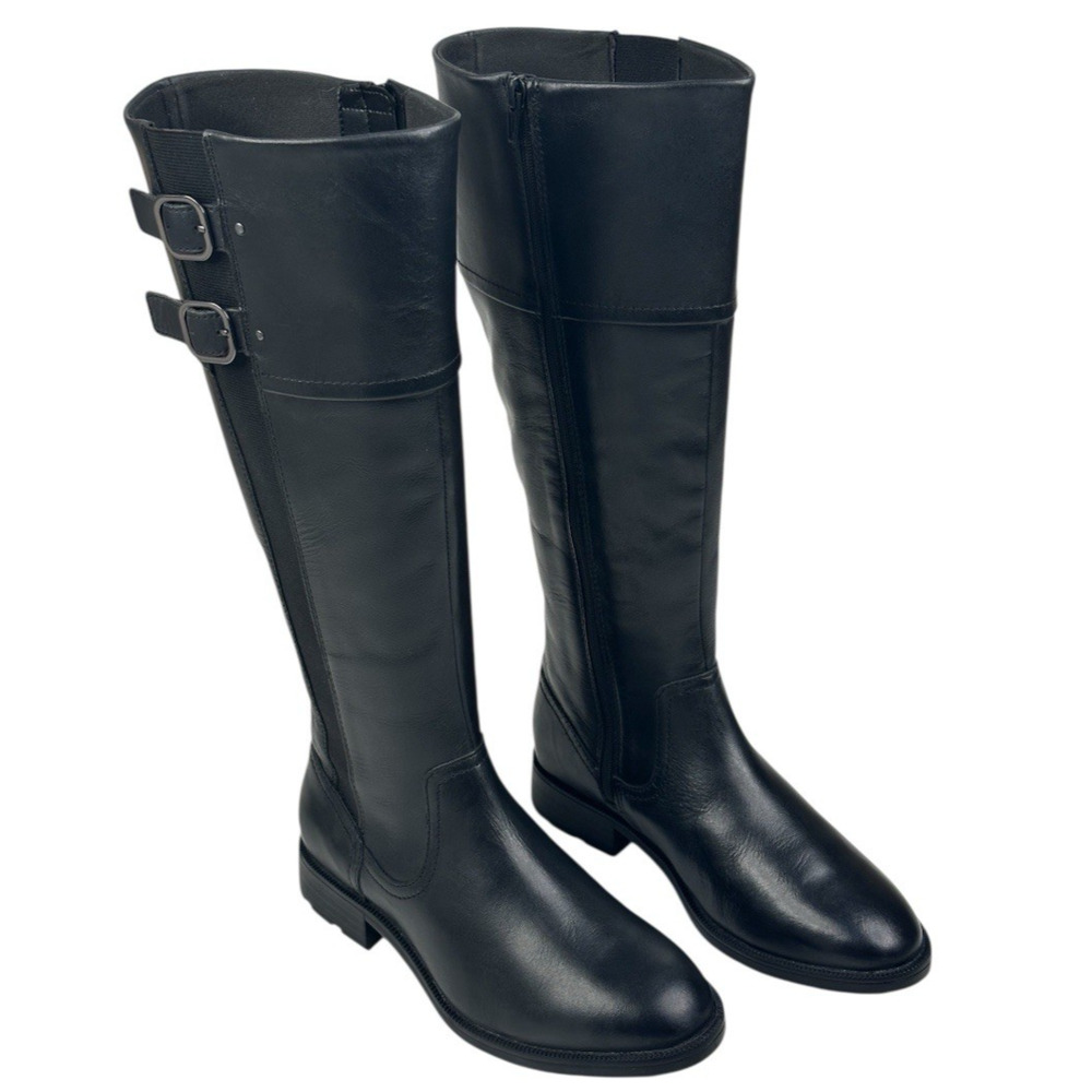 Clarks Adalynn Hope Black Leather Tall Riding Boots Womens 6.5W Side Zip $140